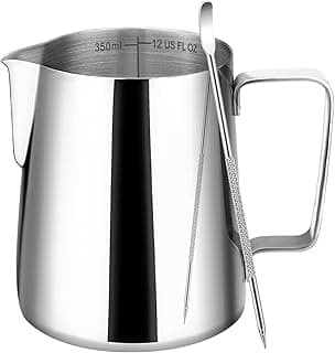 Amrules Milk Frothing Pitcher, 12oz Milk Frother Cup with Clear Scale, 304 Stainless Steel Cappuccino Espresso Machine Accessories for Bari...