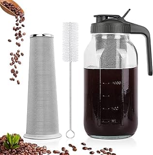 Cold Brew Coffee Maker,64 oz Mason Jar Pitcher with Stainless Steel Filter, Pour Spout Handle Lid, Heavy Duty Glass Airtight & Leak-Proof f...
