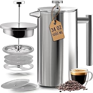 Utopia Kitchen 304 Grade Stainless Steel French Press Coffee Maker 34 Oz, Double Wall Insulated Coffee Press with 4-Level Filtration System...
